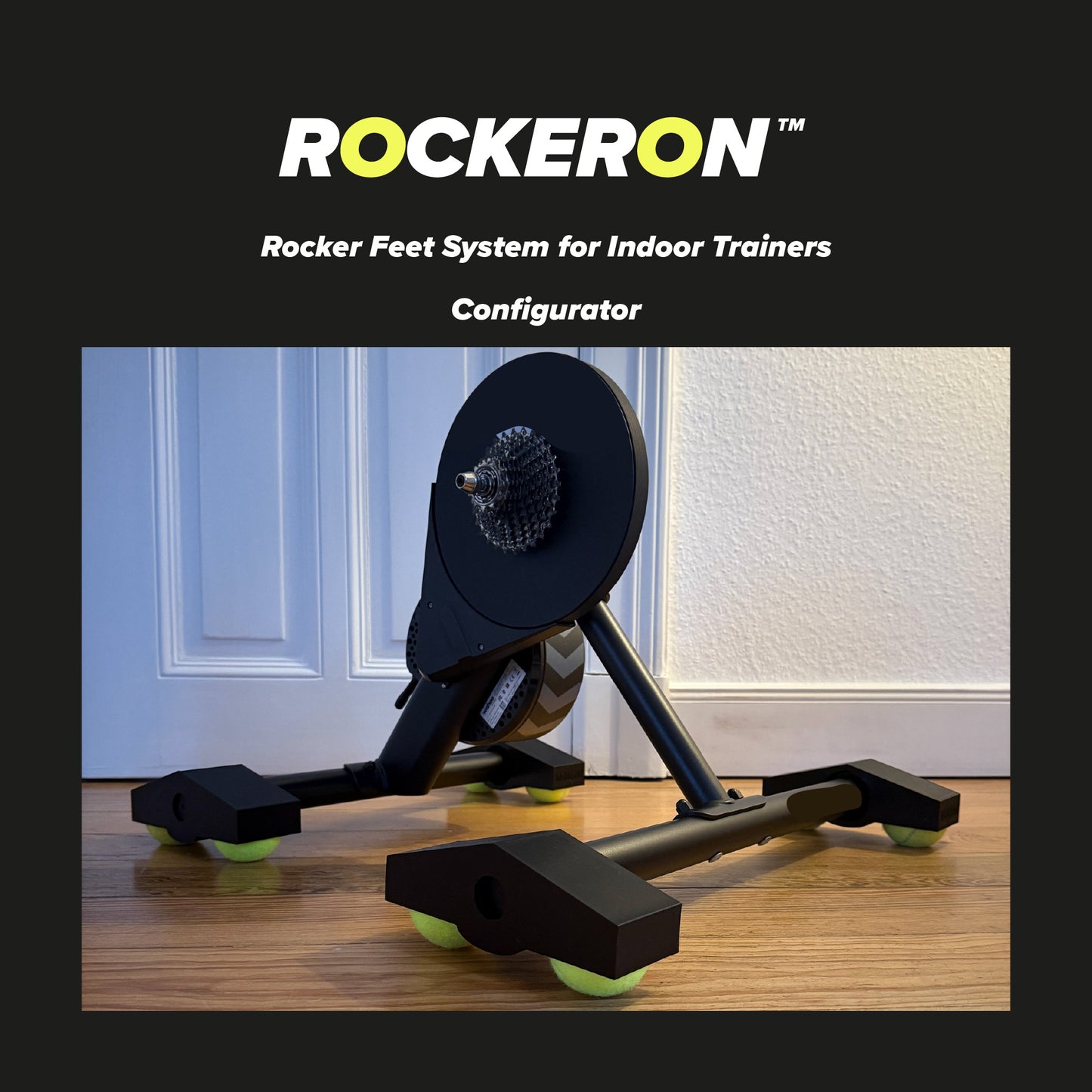 Rockeron rocker feet system for indoor trainers on a wooden floor with a black background.