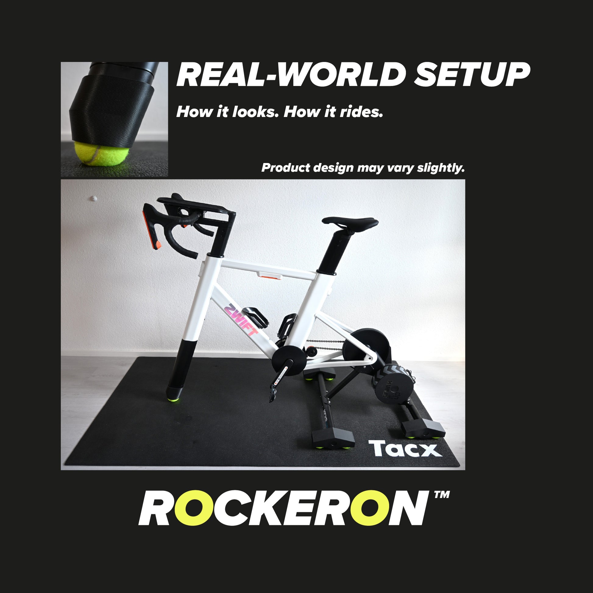 White exercise bike with black seat and stand on a mat, featuring the brand 'Rockeron'.