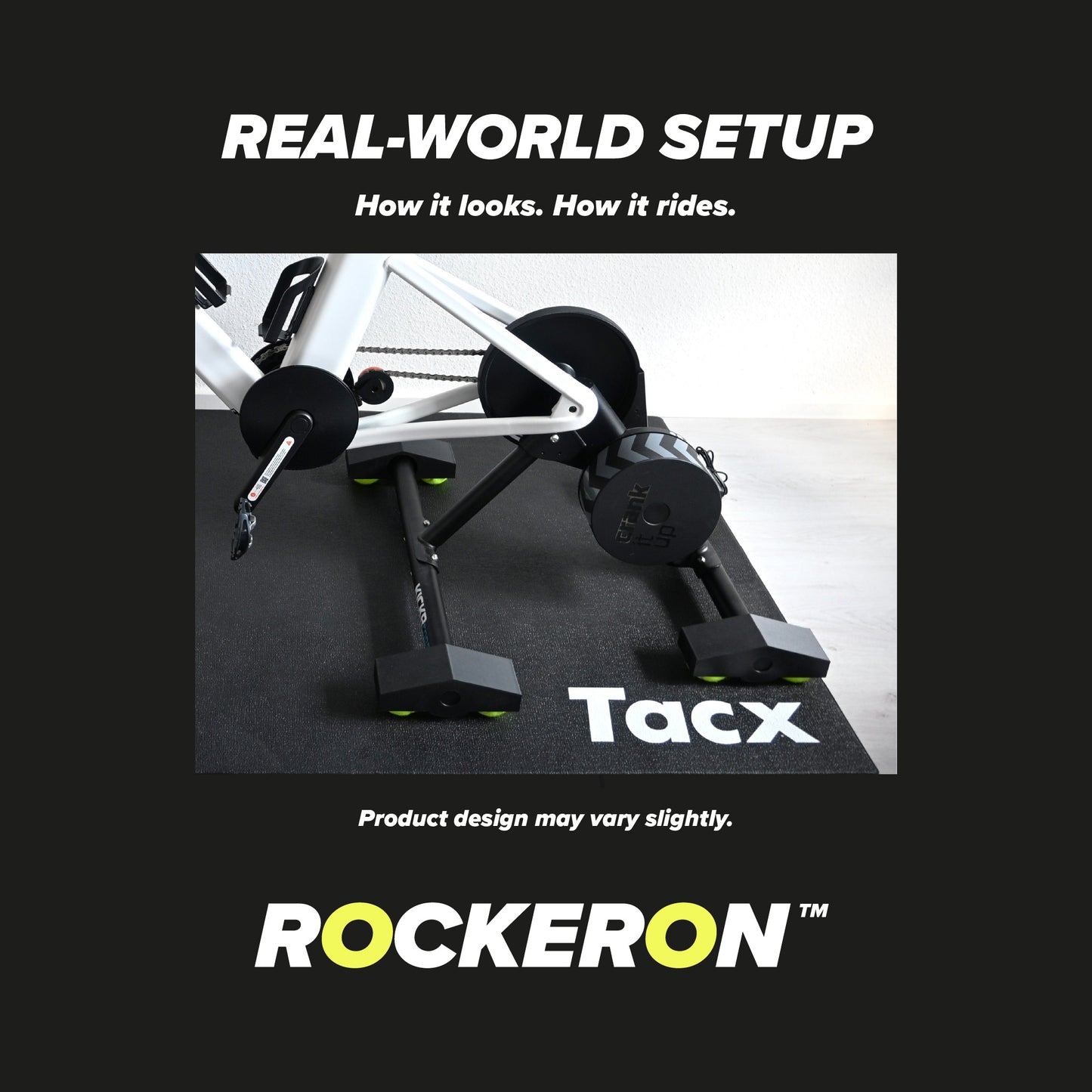 RockerON bike trainer setup on a black background with 'Real-World Setup' text.