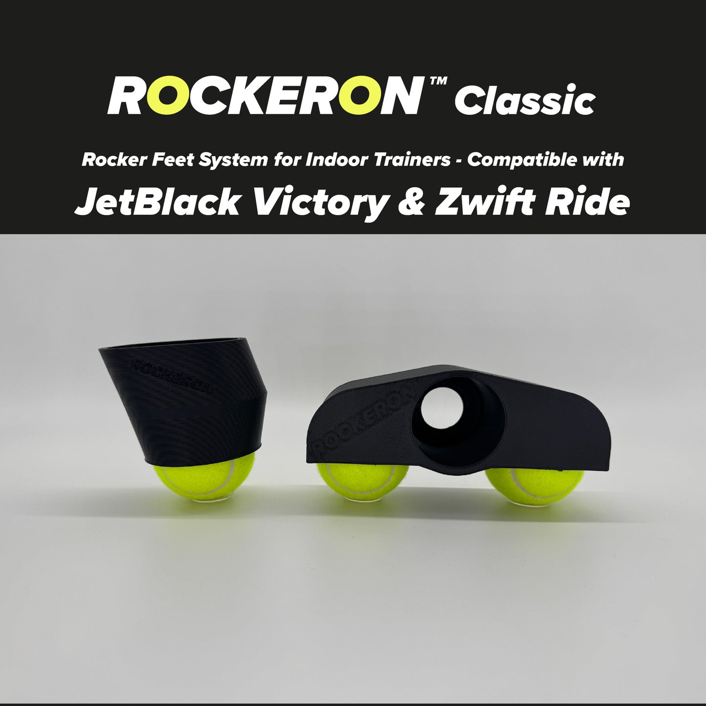 Rockeron Classic rocker feet system for indoor trainers on a gray background