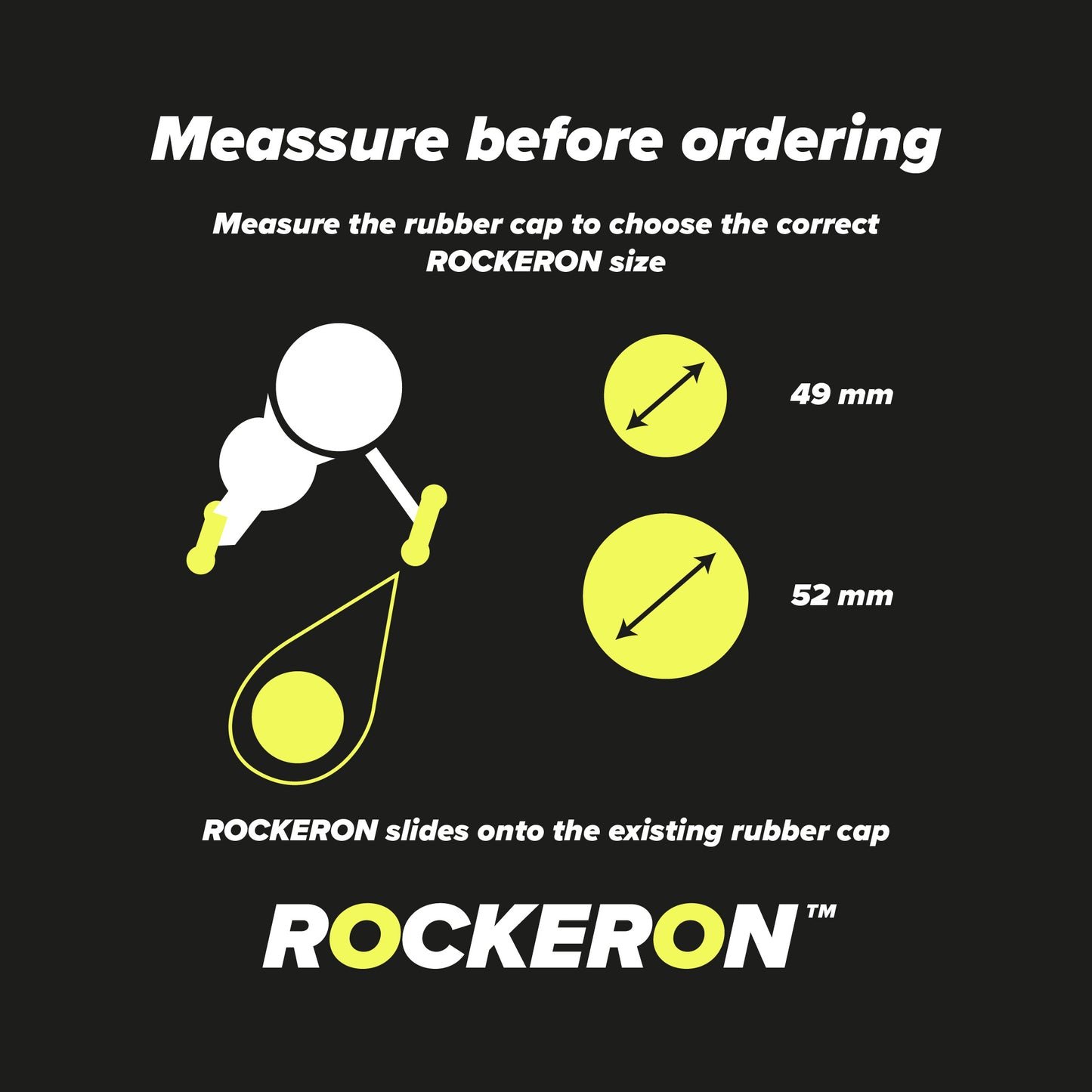 Instructions for measuring rubber cap sizes with Rockeron branding on a black background
