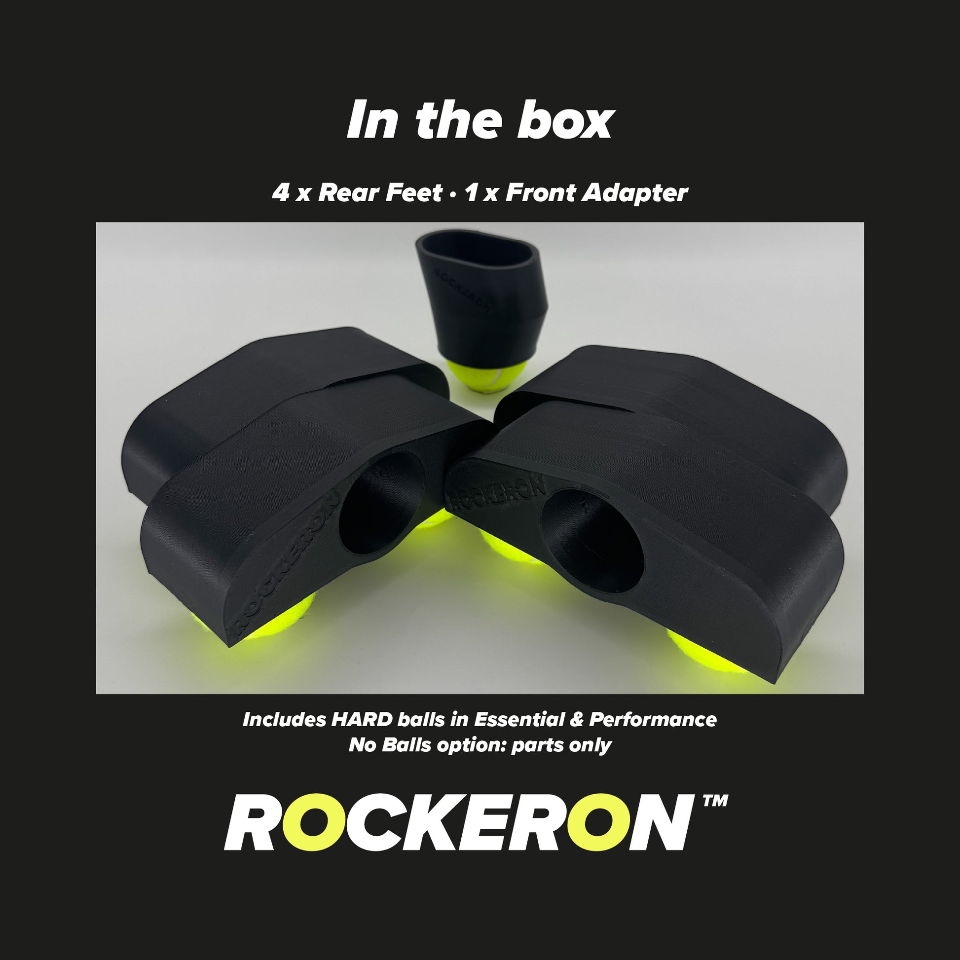 Black rocker parts with yellow accents on a gray background, featuring the RockerON brand.