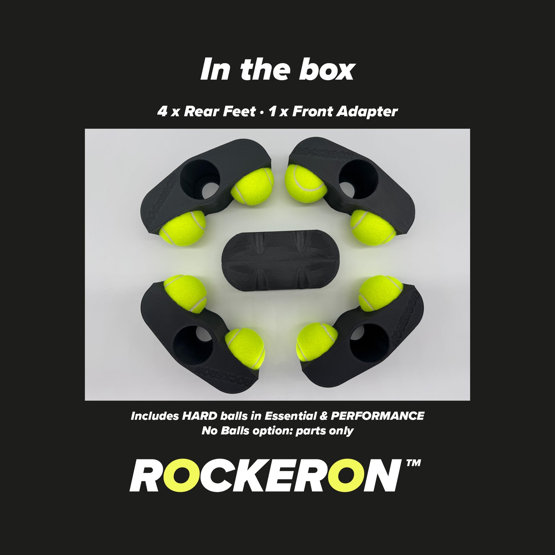 Complete ROCKERON Classic set including four rear rocker feet and one front adapter with tennis balls installed.