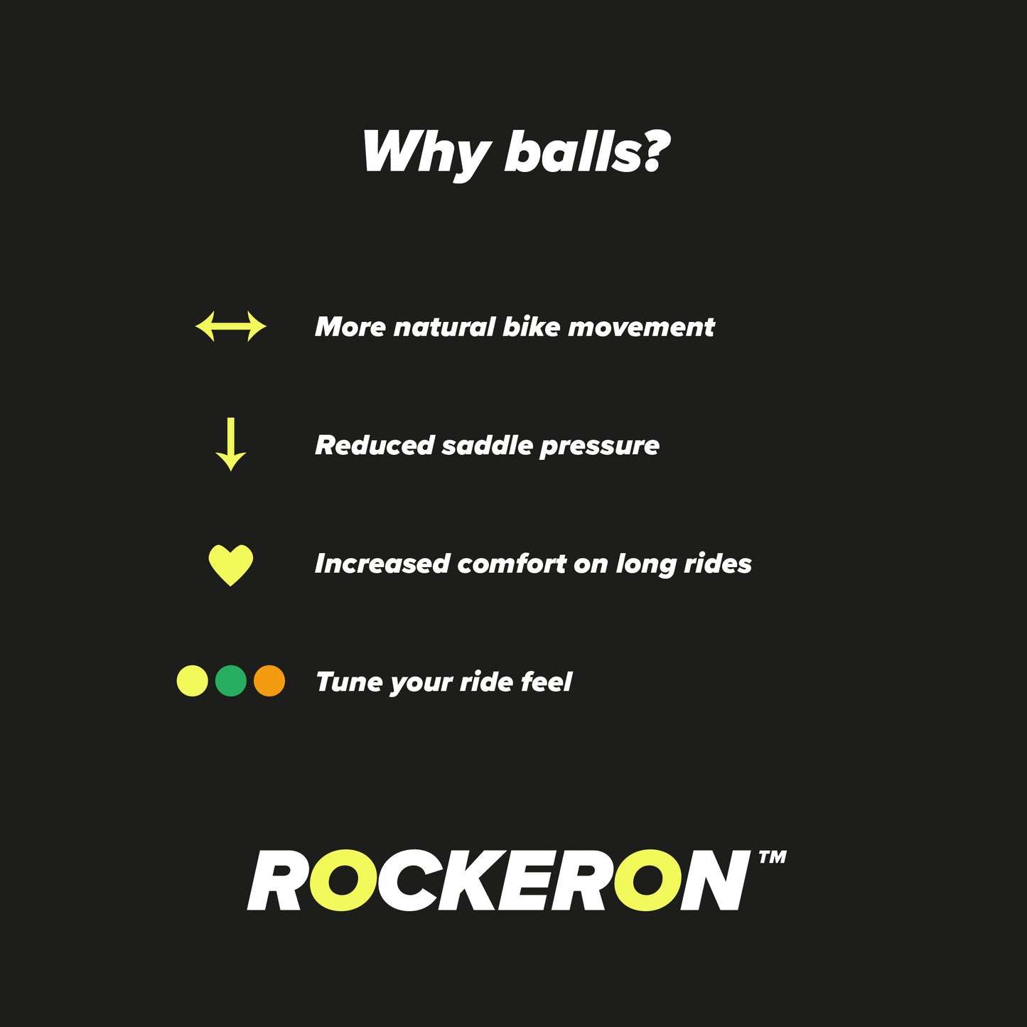 Black background with white and yellow text listing benefits of ROCKERON