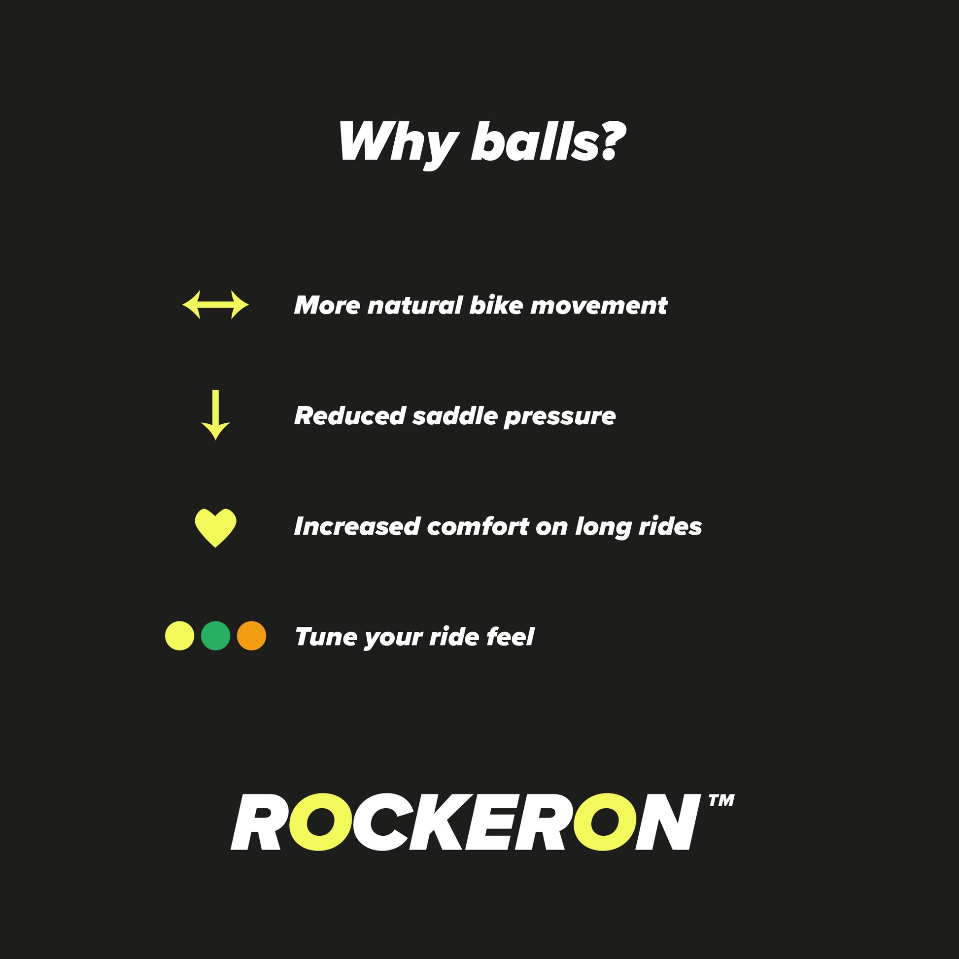 Black background with white and yellow text listing benefits of ROCKERON