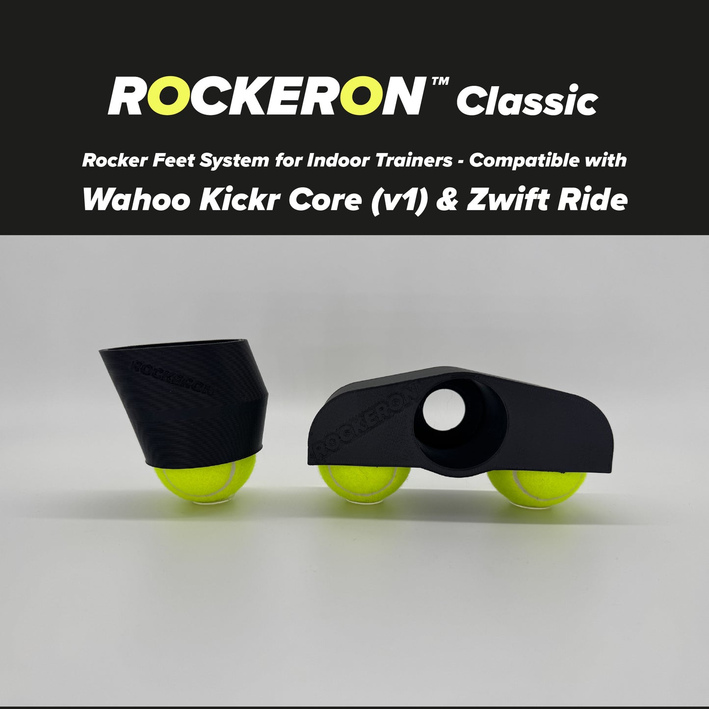 ROCKERON Classic rocker feet system with tennis balls, shown as individual front adapter and rear feet on a white background.