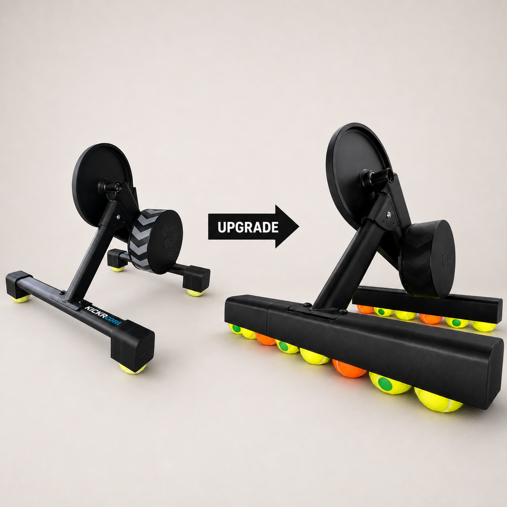ROCKERON MINI to ULTRA upgrade for Wahoo KICKR CORE 2, MINI left and ULTRA right. Trainers shown for context, not included.