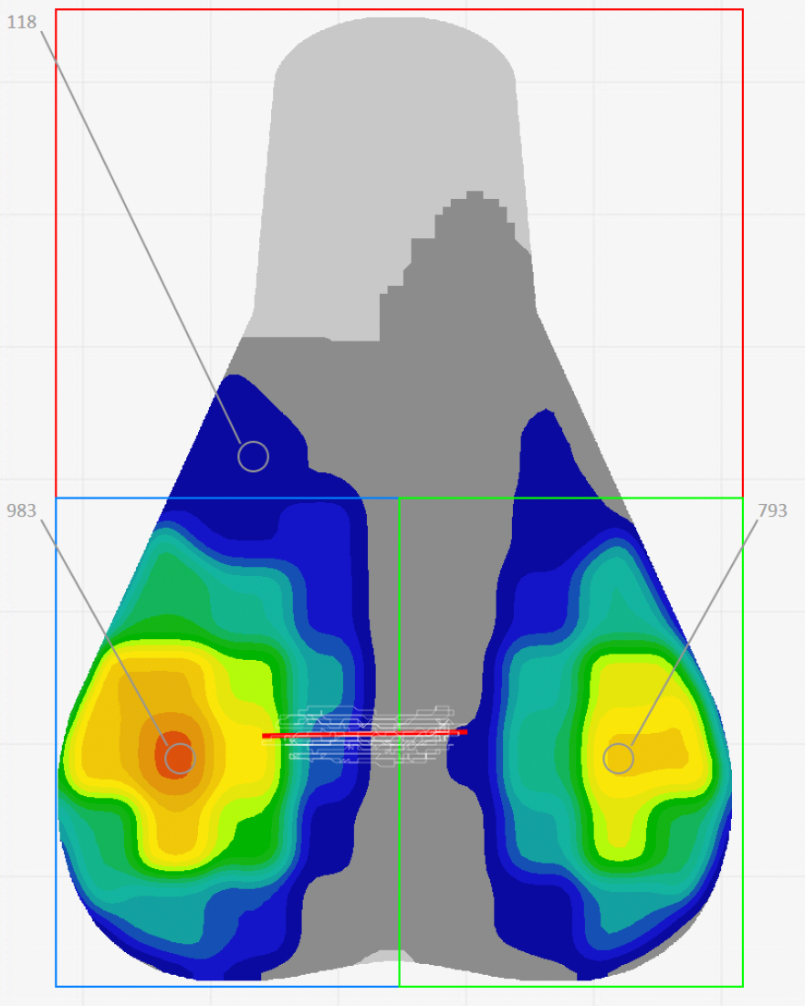 Zwift Ride saddle pressure map without a movement system: rear readings of 983 and 793 mbar, front reading of 118 mbar.
