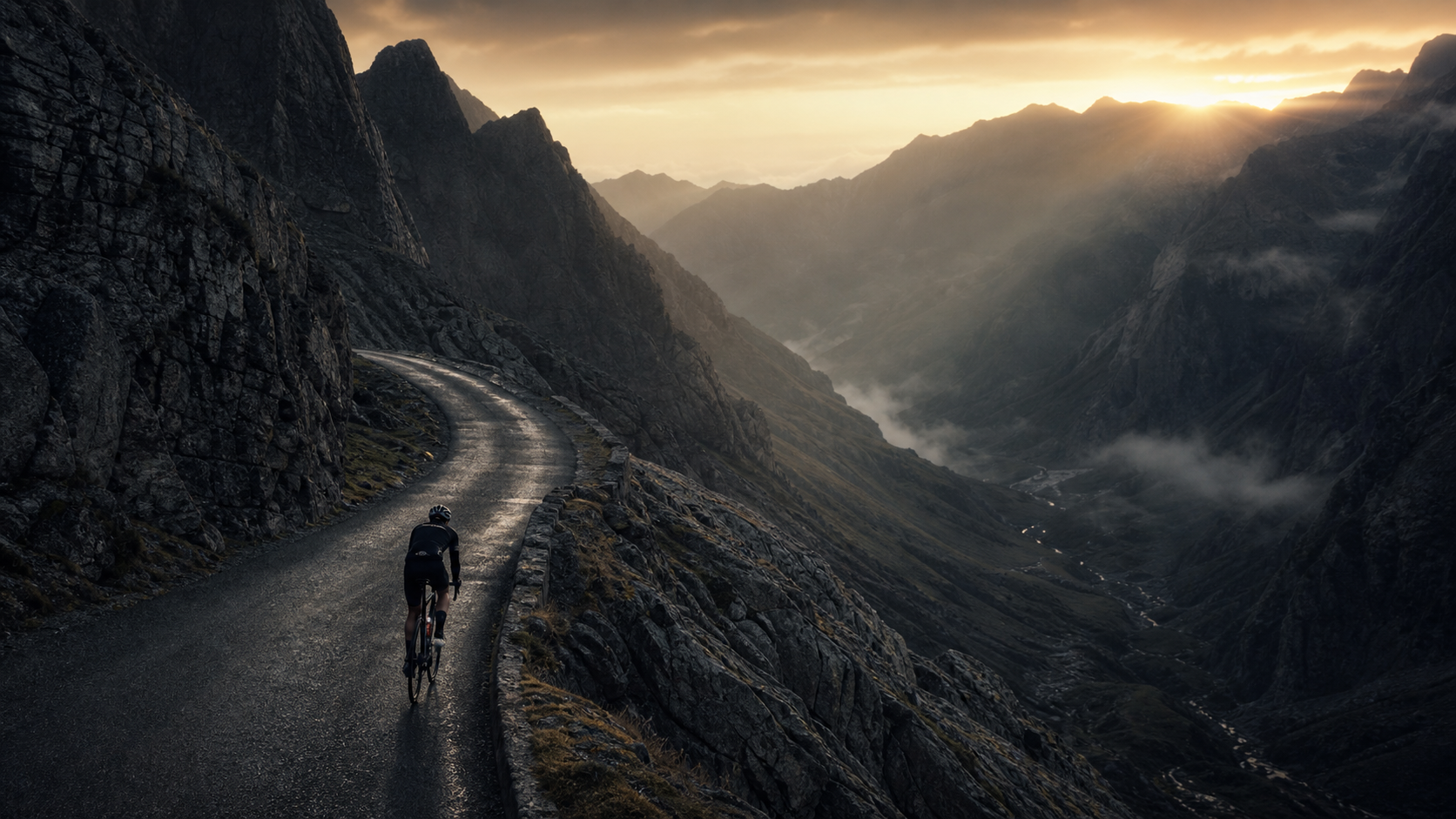Road cyclist climbing a dramatic alpine pass for ROCKERON CLIMB