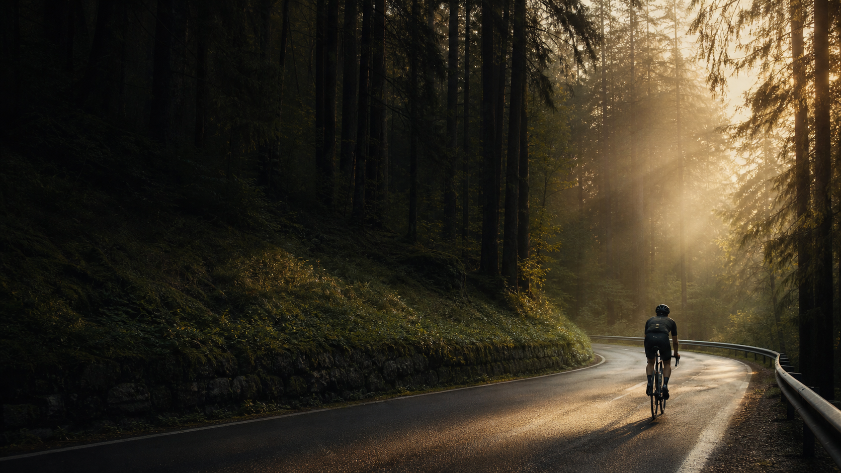 Road cyclist cruising through a sunlit forest for ROCKERON FLOW