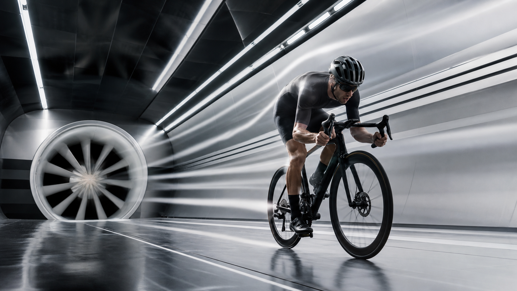 Road cyclist sprinting in a bright aerodynamic test tunnel for ROCKERON SPRINT