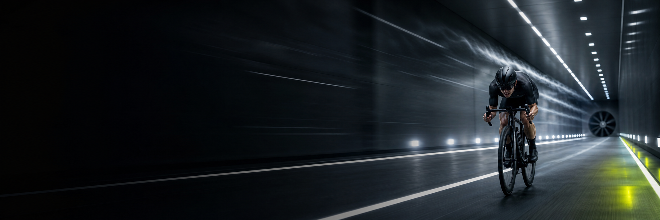 Cyclist sprinting through an aerodynamic wind tunnel representing the ROCKERON SPRINT World